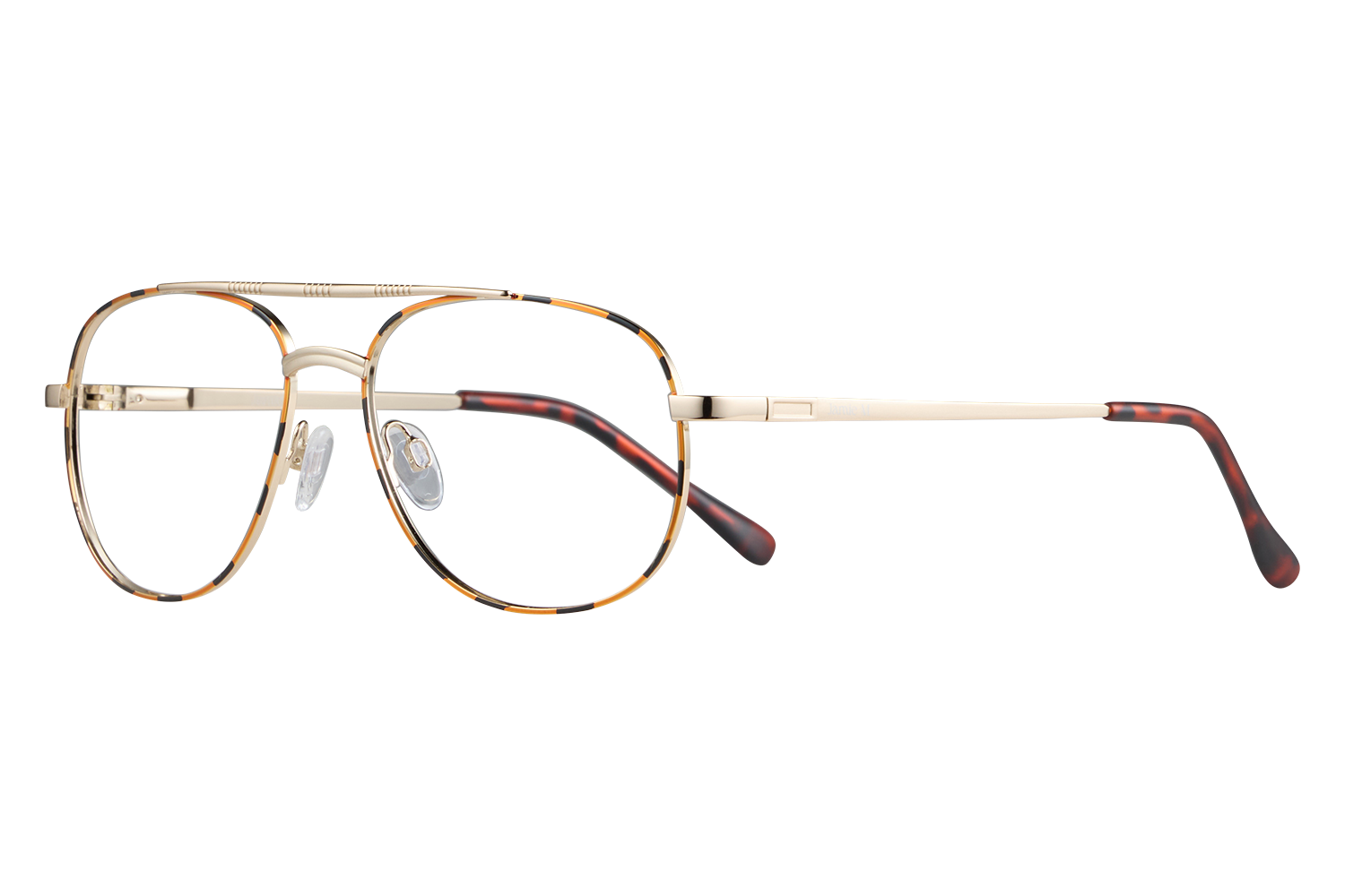 Round tortoiseshell eyeglasses with a gold metal bridge and clear nose pads, resting on a surface.