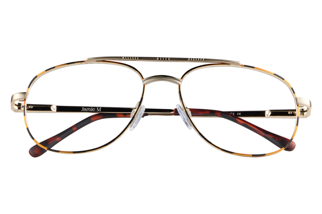 Gold metal-rimmed eyeglasses with tortoiseshell temples resting on a small clear stand. (Display photo)