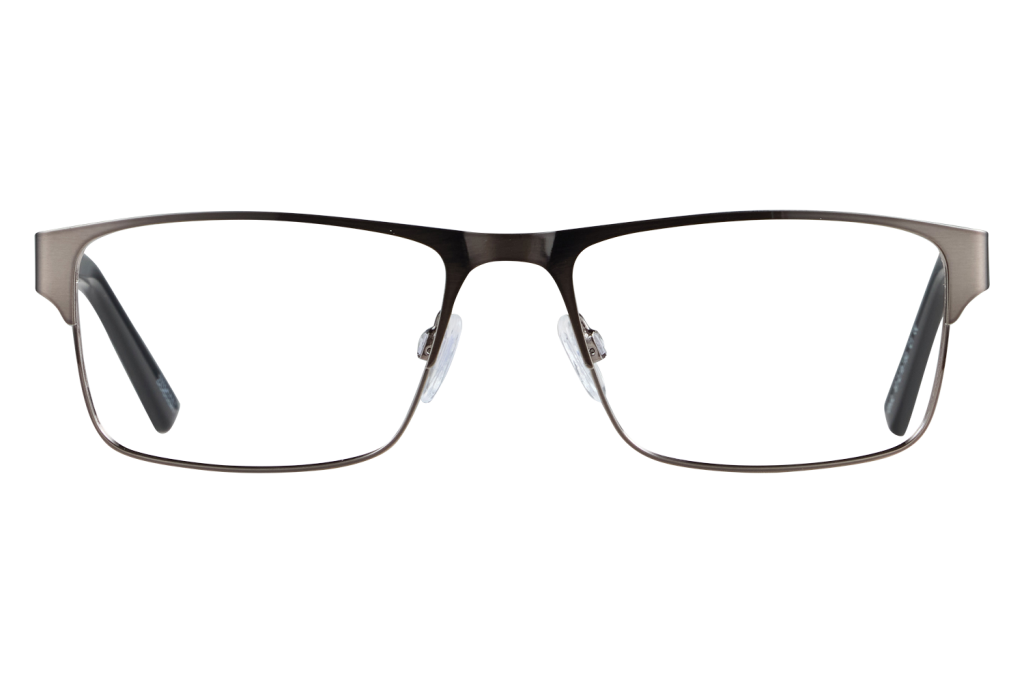 Front view of metal-framed eyeglasses with visible nose pads on a gray backdrop.