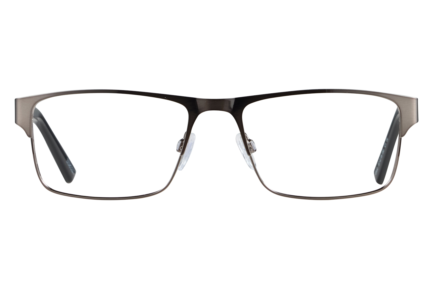 Front view of metal-framed eyeglasses with visible nose pads on a gray backdrop.