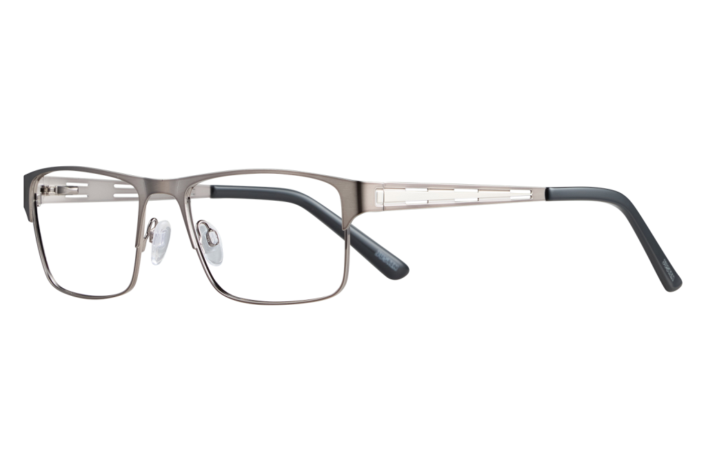 Metallic gray eyeglasses with clear nose pads and slim metal frame, side view on a gray backdrop