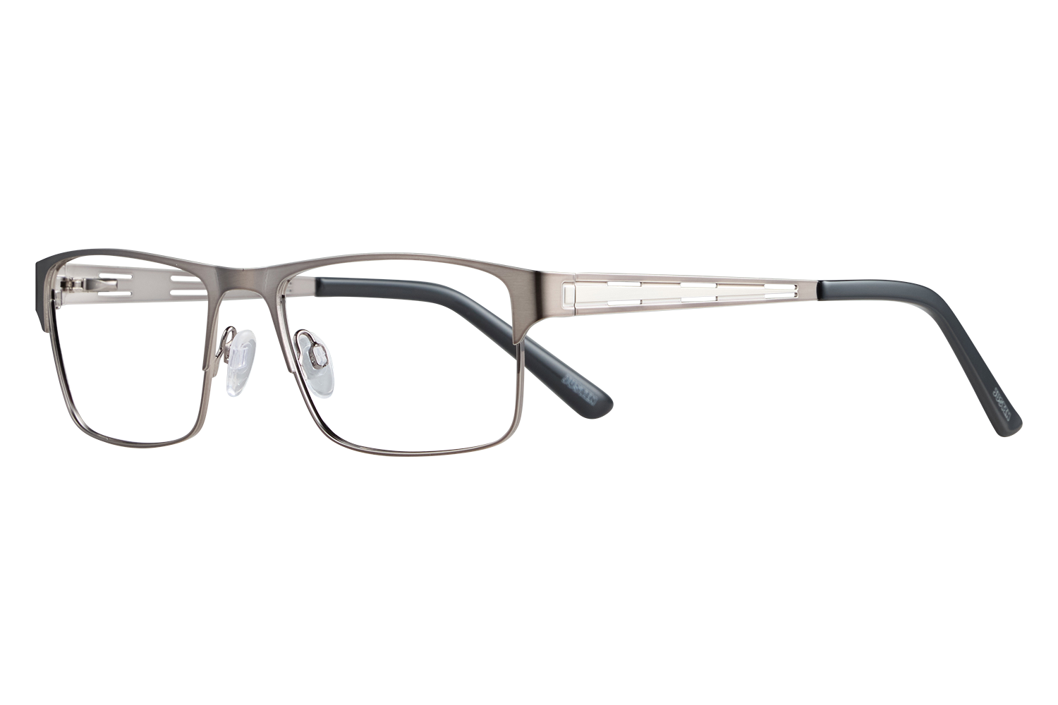 Metallic gray eyeglasses with clear nose pads and slim metal frame, side view on a gray backdrop