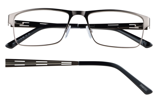 Rectangular eyeglasses with a brown metal frame, clear nose pads, and black temples; 'JUSTIN' branding on the temple arm.