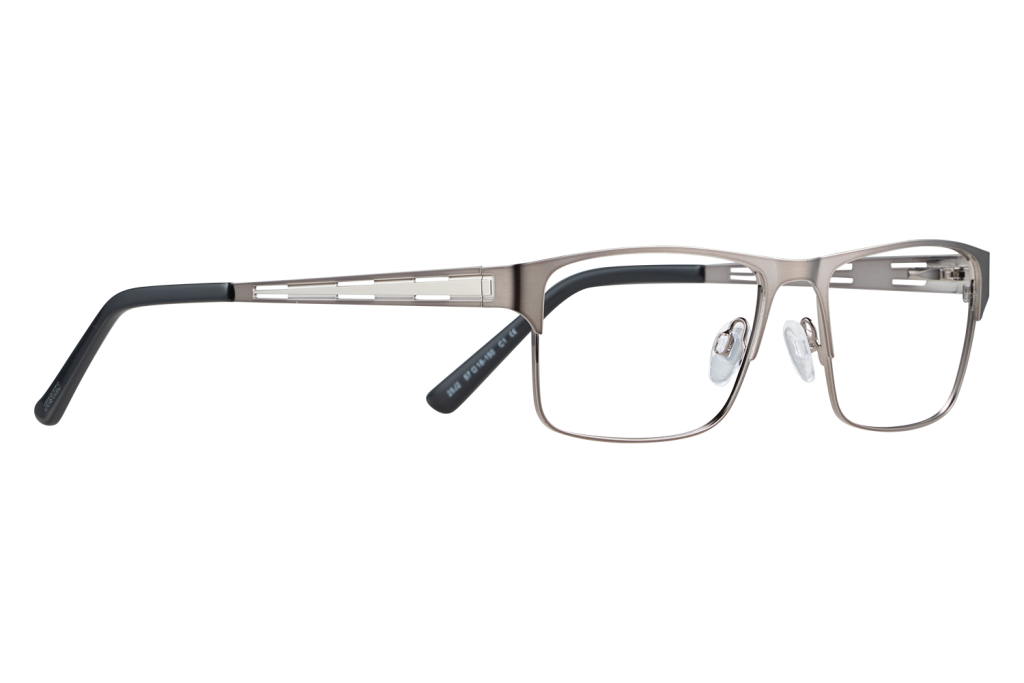 Metal rectangular eyeglasses with clear lenses and adjustable nose pads on a gray background.