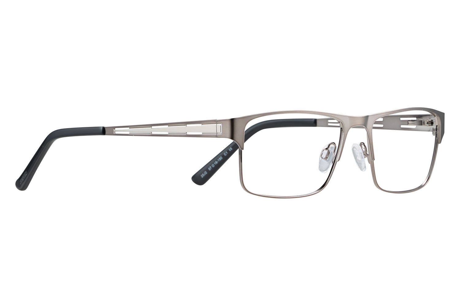 Metal rectangular eyeglasses with clear lenses and adjustable nose pads on a gray background.