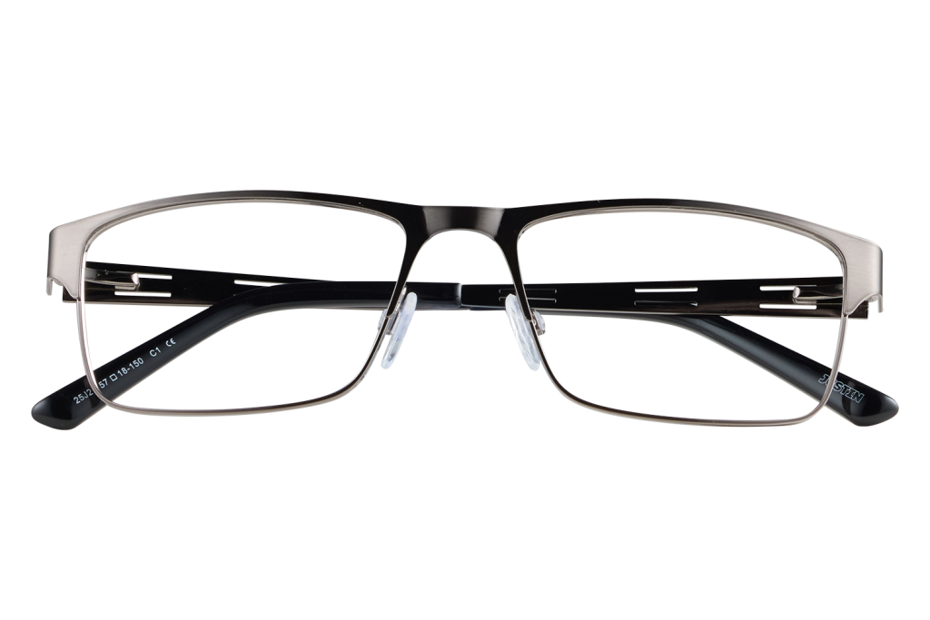 Metal rectangular eyeglasses with black temples and nose pads, displayed on a clear stand against a gray backdrop (brand Justin visible on arm).