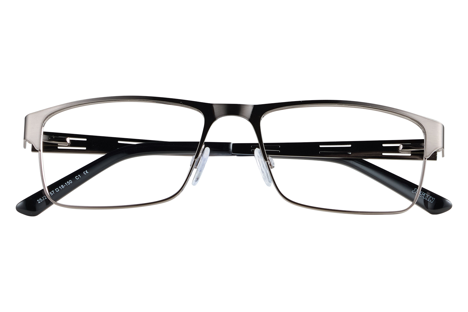 Metal rectangular eyeglasses with black temples and nose pads, displayed on a clear stand against a gray backdrop (brand Justin visible on arm).