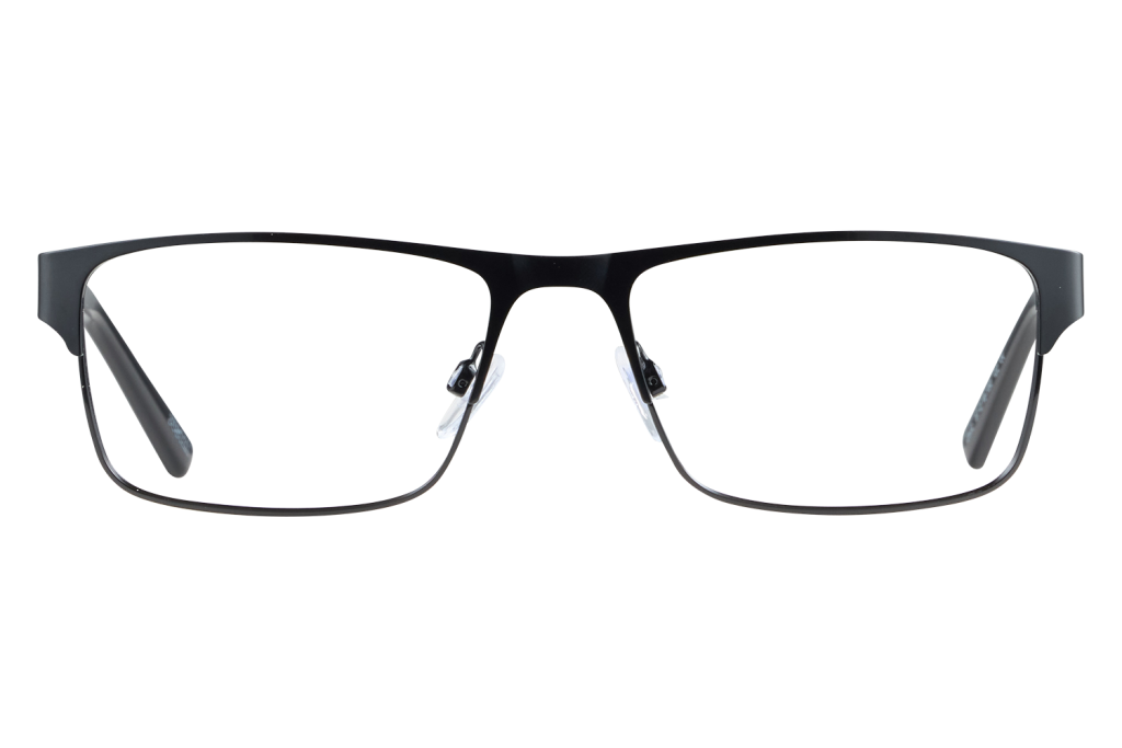 Front view of black-rimmed rectangular eyeglasses with nose pads against a neutral background.