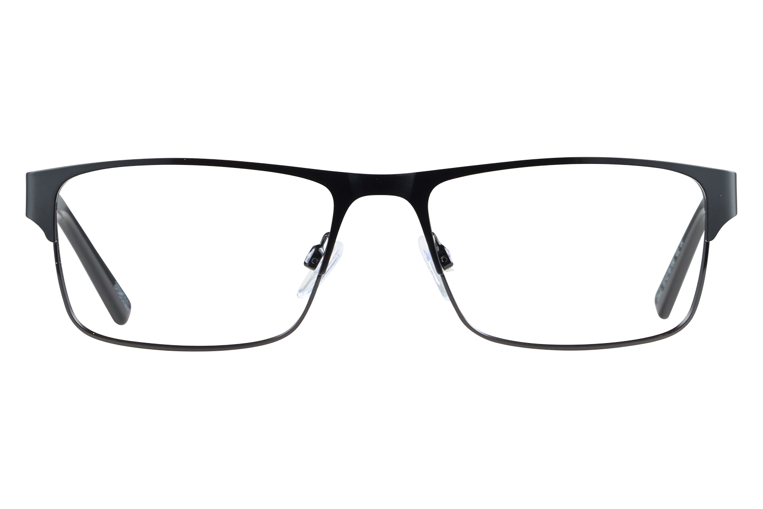 Front view of black-rimmed rectangular eyeglasses with nose pads against a neutral background.