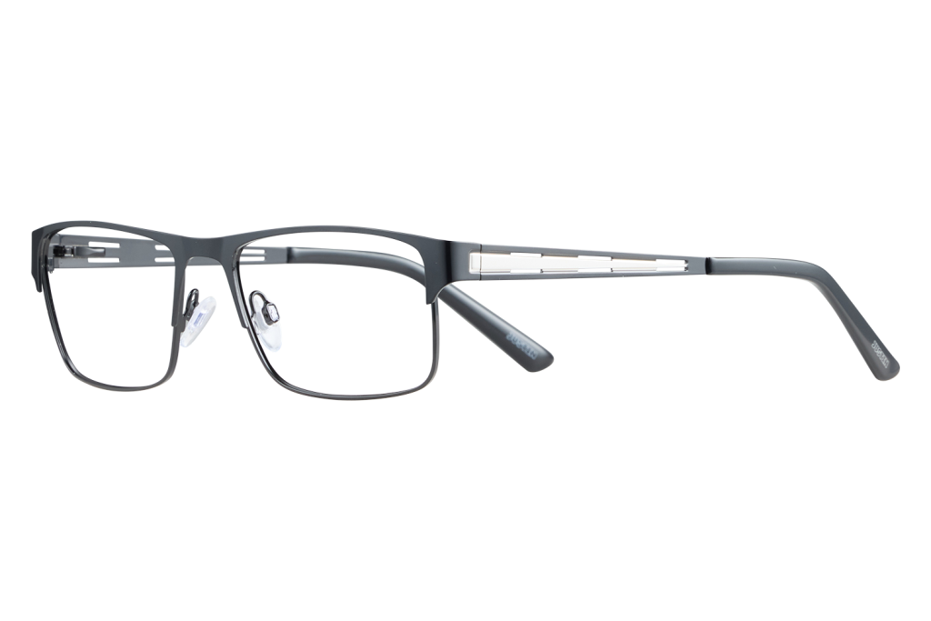 Grey rectangular eyeglasses with metal hinges and clear nose pads photographed from the side/near the temple edge.