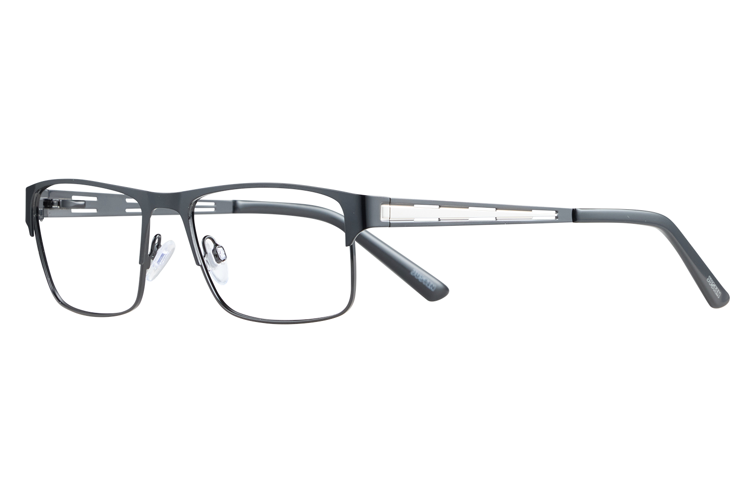 Grey rectangular eyeglasses with metal hinges and clear nose pads photographed from the side/near the temple edge.