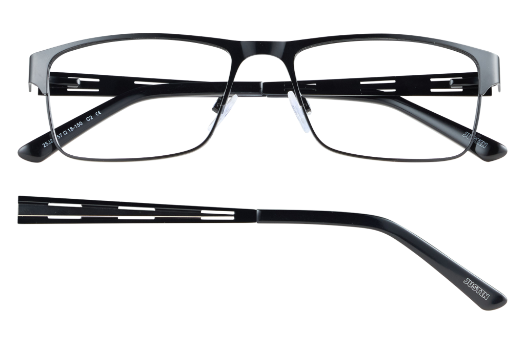 Black metal eyeglasses with adjustable nose pads, front view and side view showing 'JUSTIN' logo on temples