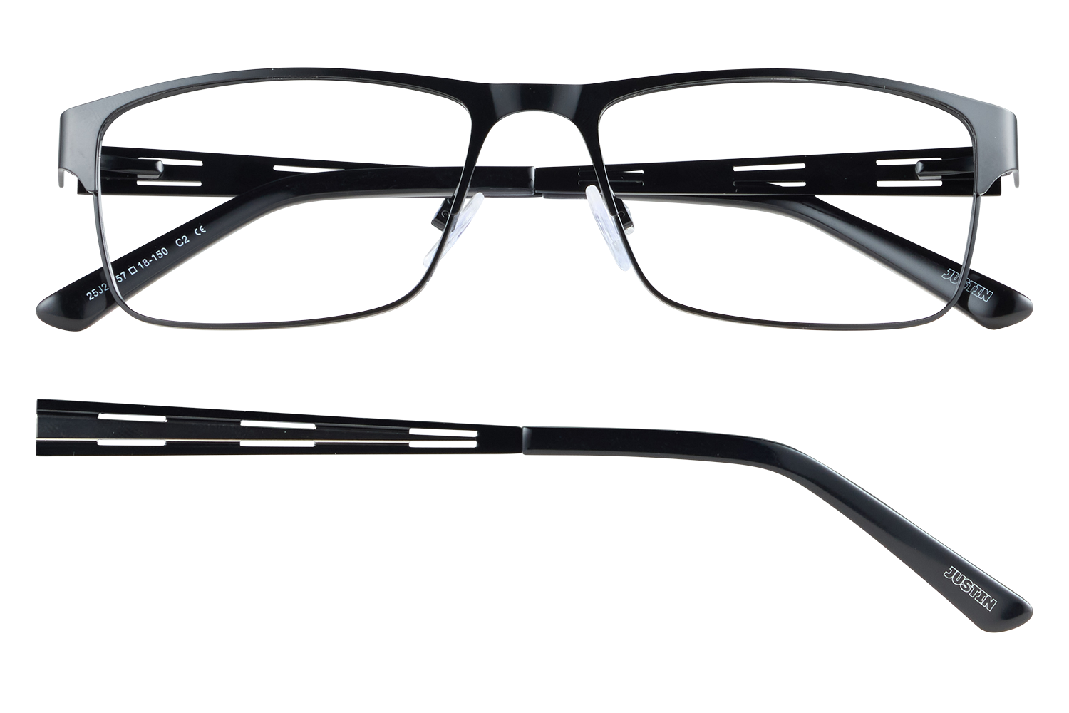 Black metal eyeglasses with adjustable nose pads, front view and side view showing 'JUSTIN' logo on temples