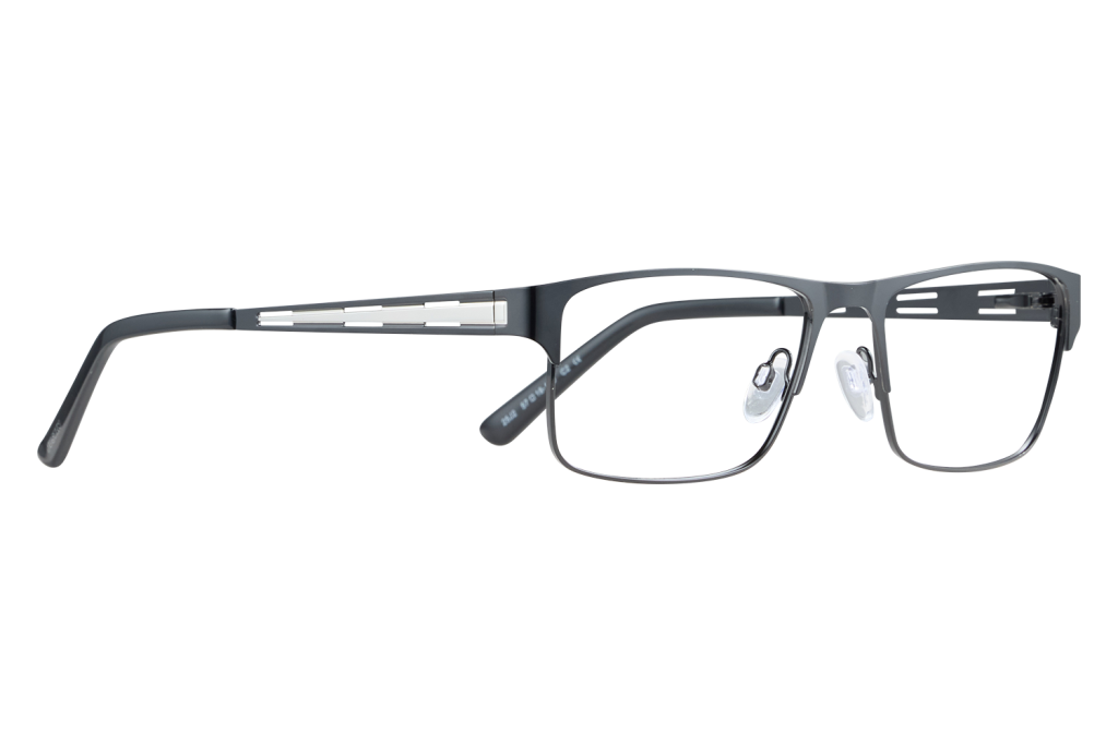 Rectangular black eyeglasses with nose pads laid on a light surface, side view showing temples and hinges