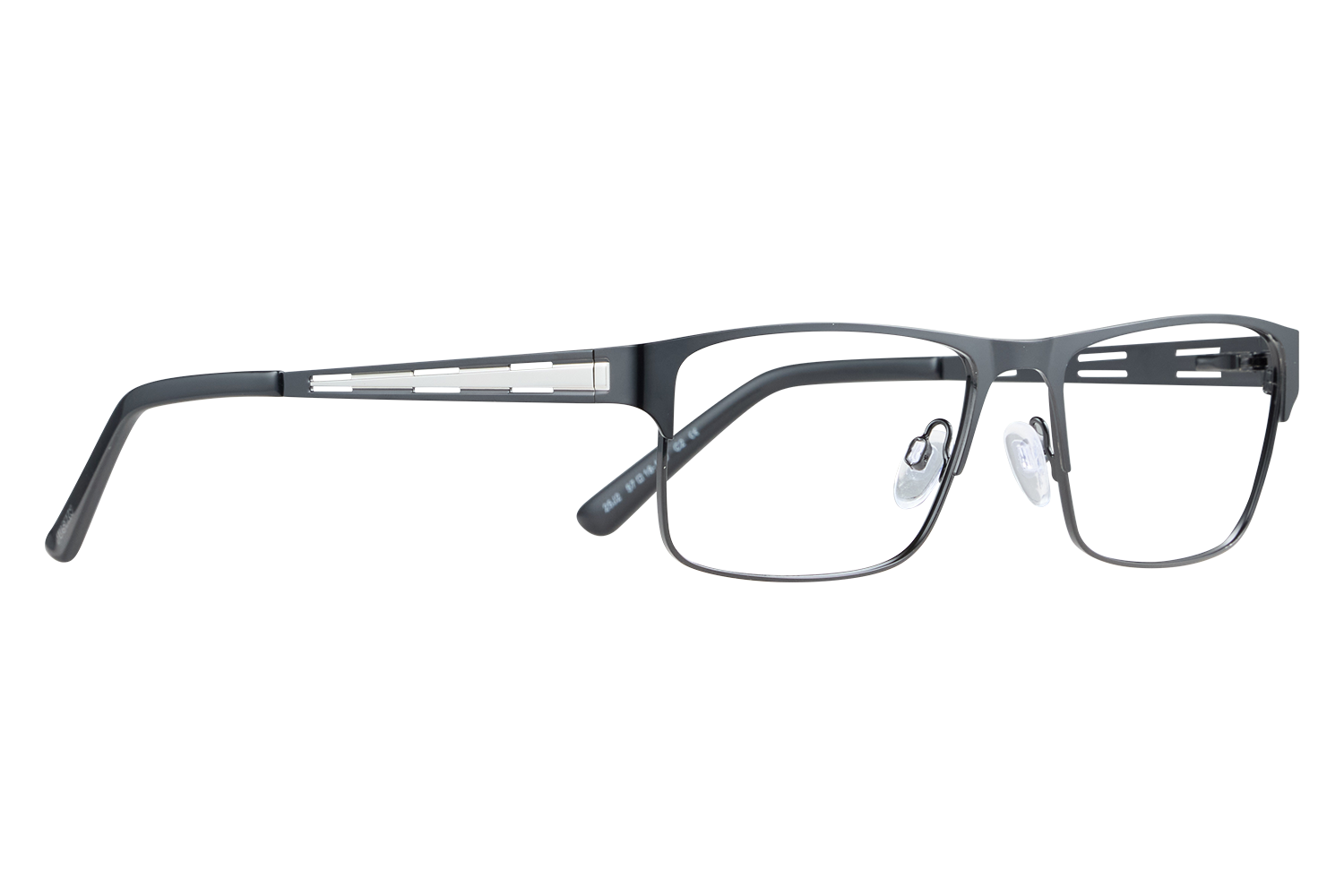 Rectangular black eyeglasses with nose pads laid on a light surface, side view showing temples and hinges