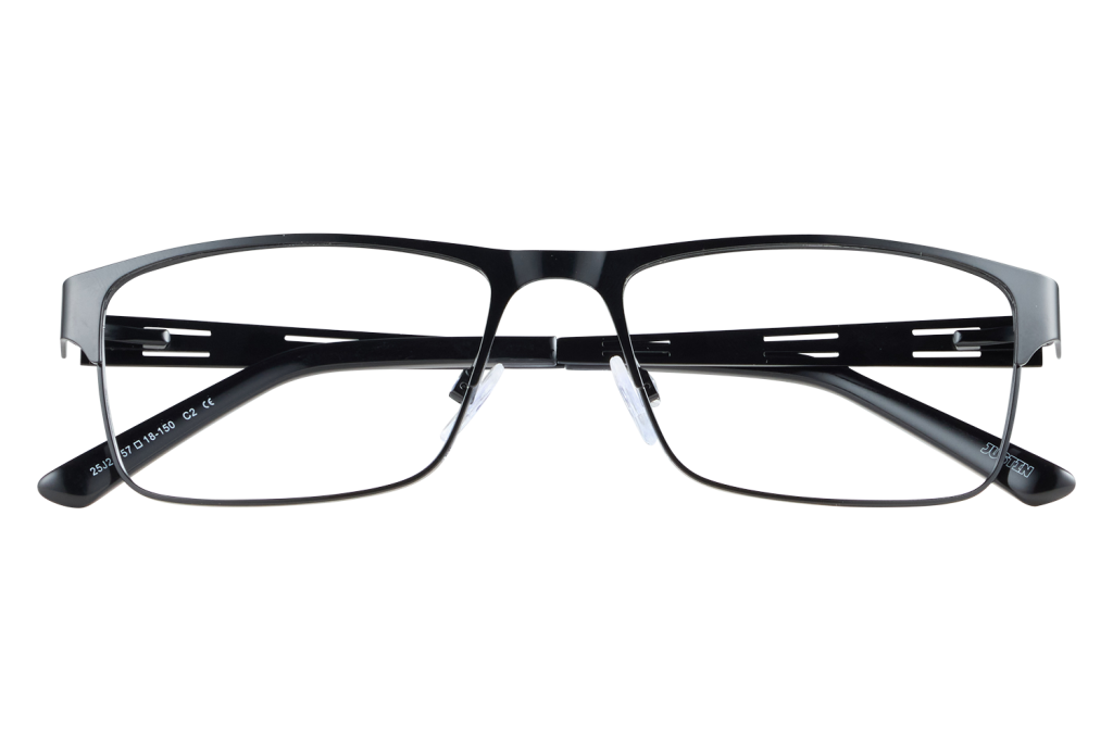 Black rectangular eyeglasses on a clear display stand, showcased from the front.
