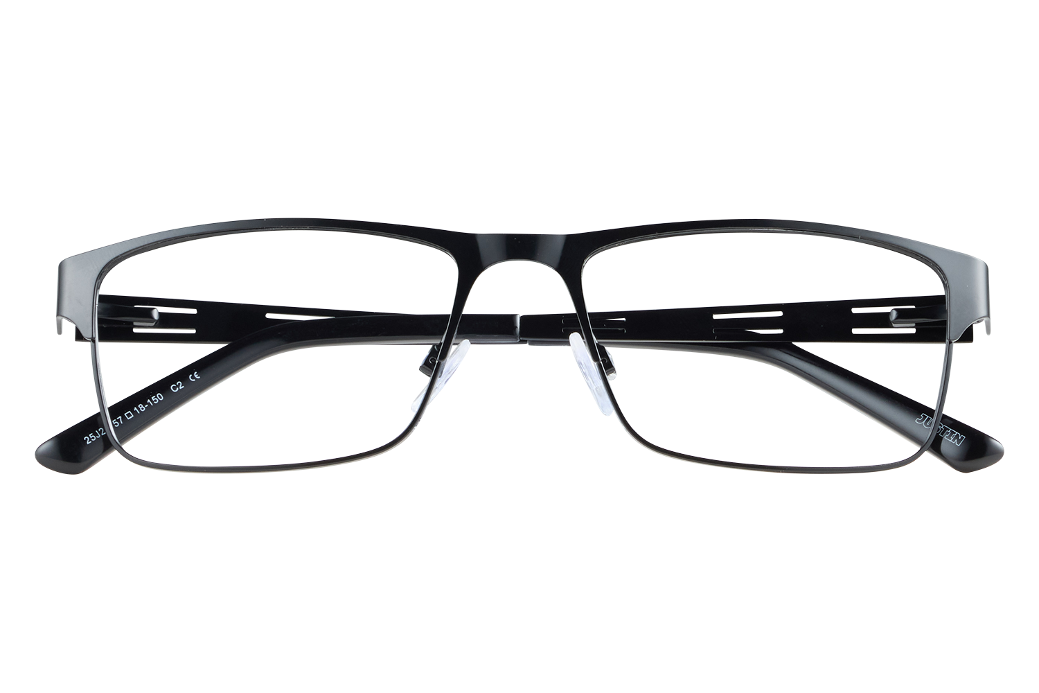 Black rectangular eyeglasses on a clear display stand, showcased from the front.