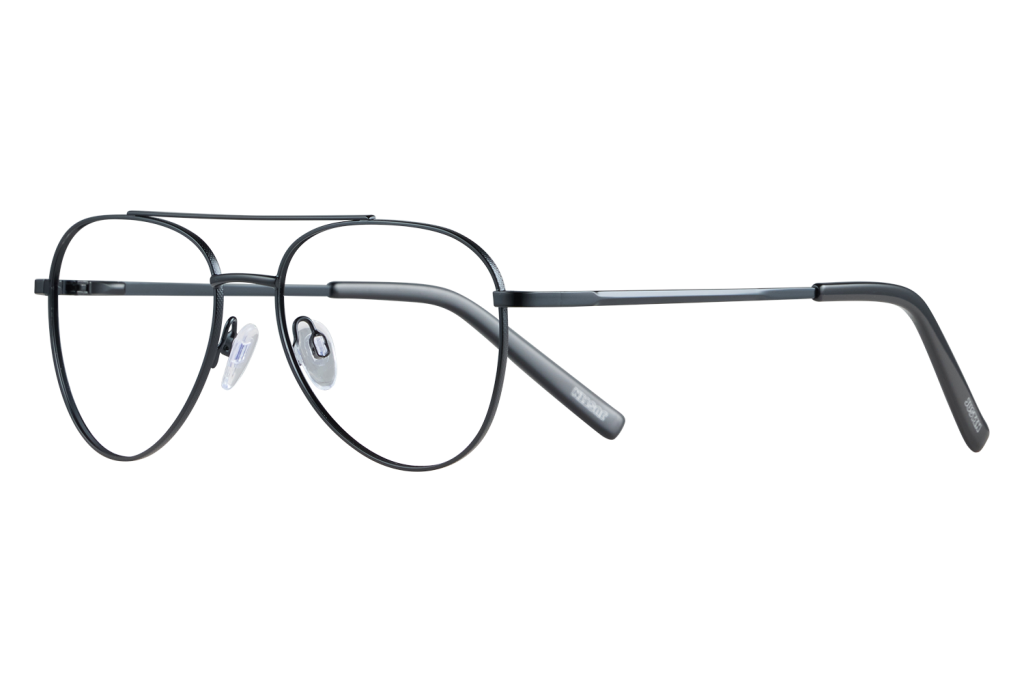 Close-up of black metal round eyeglasses with nose pads on a light gray surface