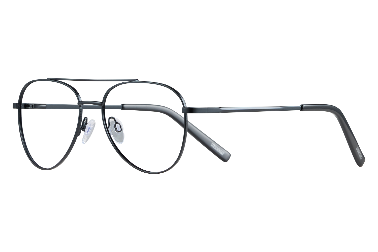 Close-up of black metal round eyeglasses with nose pads on a light gray surface