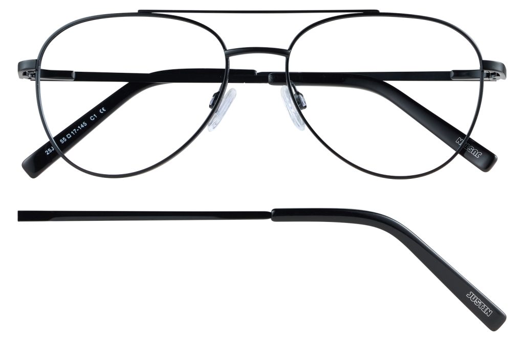 Black aviator-style eyeglasses with metal frame and clear nose pads, front view with side temples showing 'JUSTIN' branding on the arms