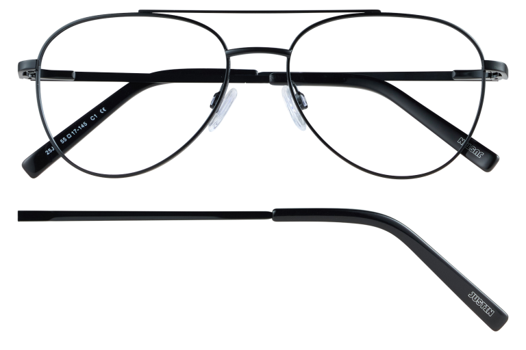 Black aviator-style eyeglasses with metal frame and clear nose pads, front view with side temples showing 'JUSTIN' branding on the arms