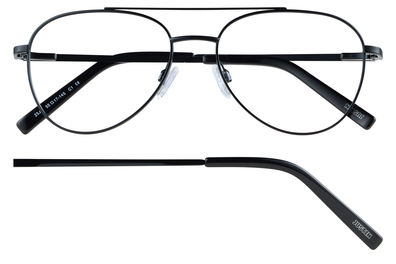Black aviator-style eyeglasses with metal frame and clear nose pads, front view with side temples showing 'JUSTIN' branding on the arms