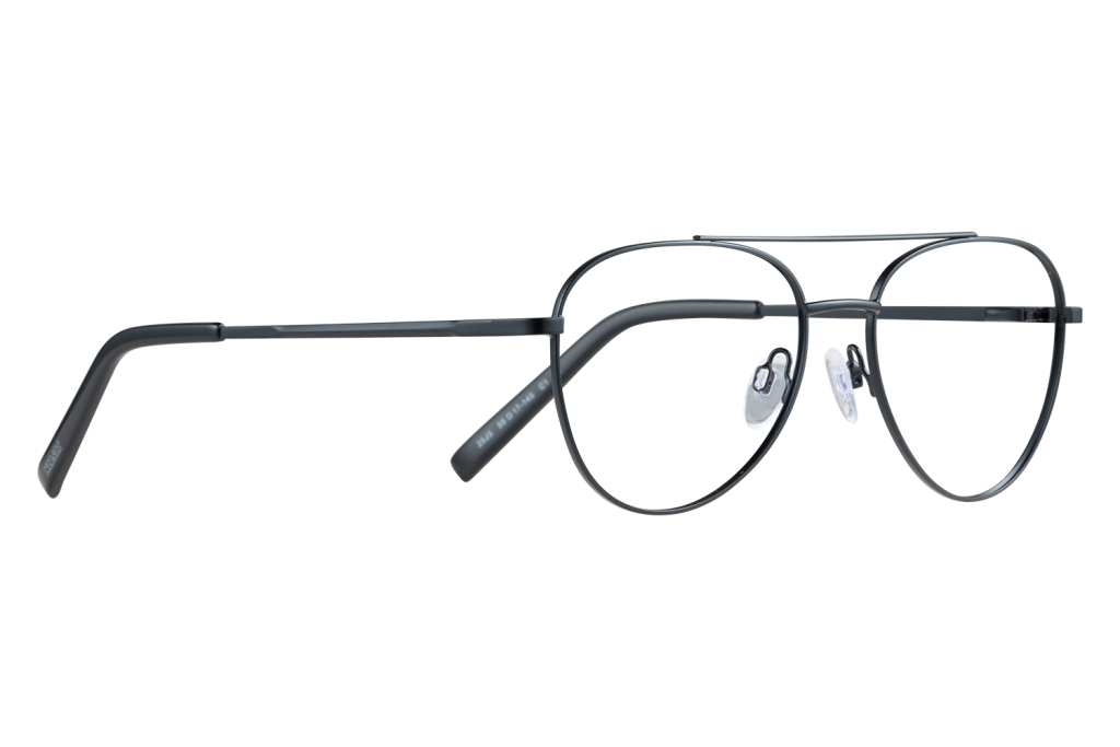 Black metal round eyeglasses resting on a white surface, side view showing nose pads and temple tips