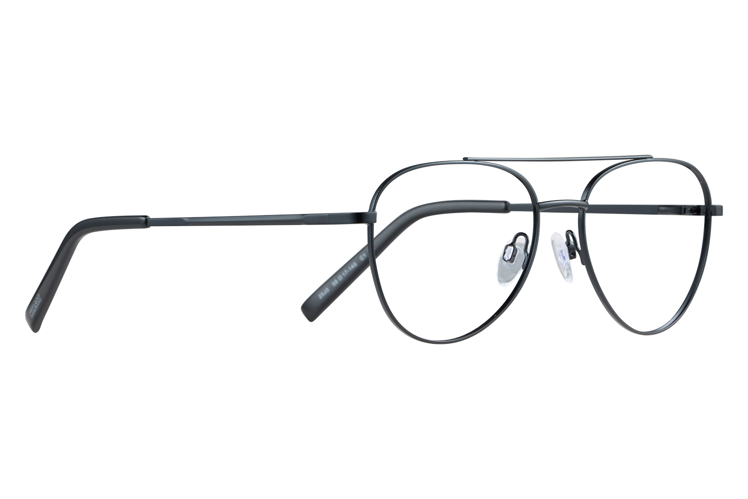 Black metal round eyeglasses resting on a white surface, side view showing nose pads and temple tips