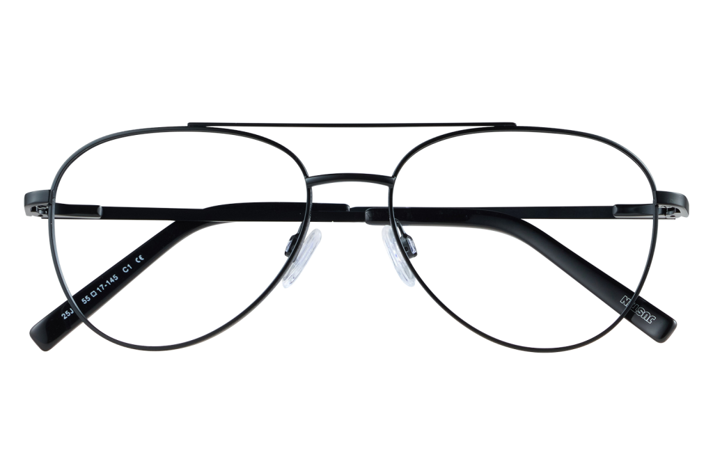 Black metal eyeglasses with round lenses resting on a clear display stand against a gray background, product shot.