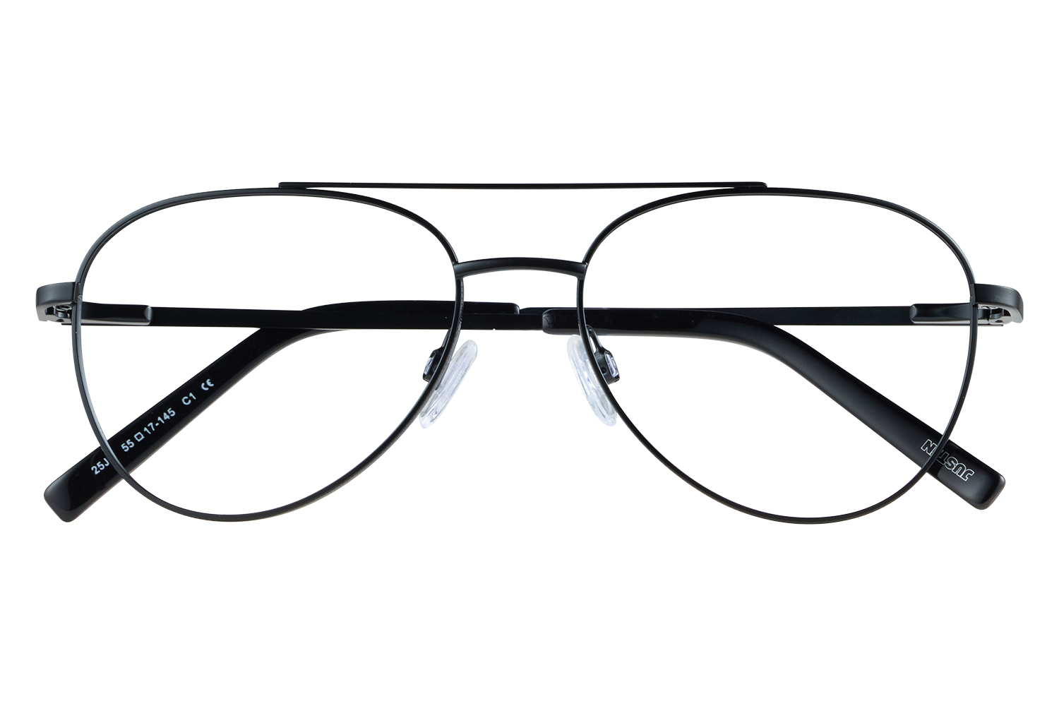Black metal eyeglasses with round lenses resting on a clear display stand against a gray background, product shot.