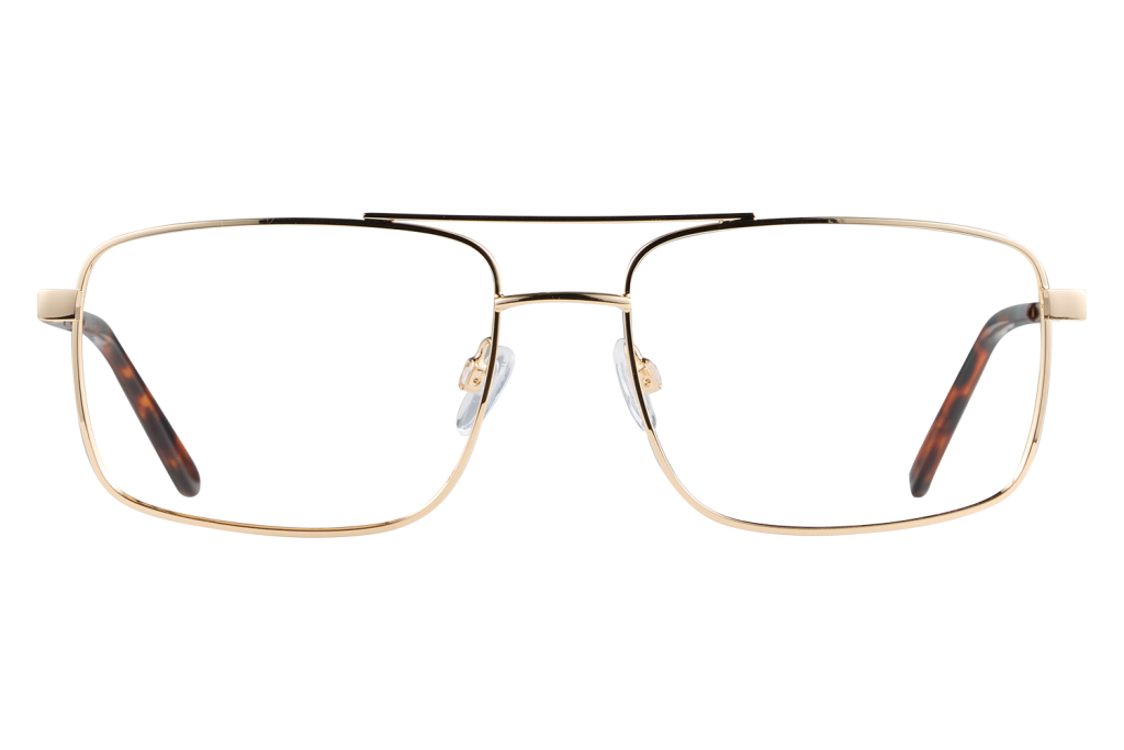 Gold metal rectangular eyeglasses with nose pads lying on a gray background.