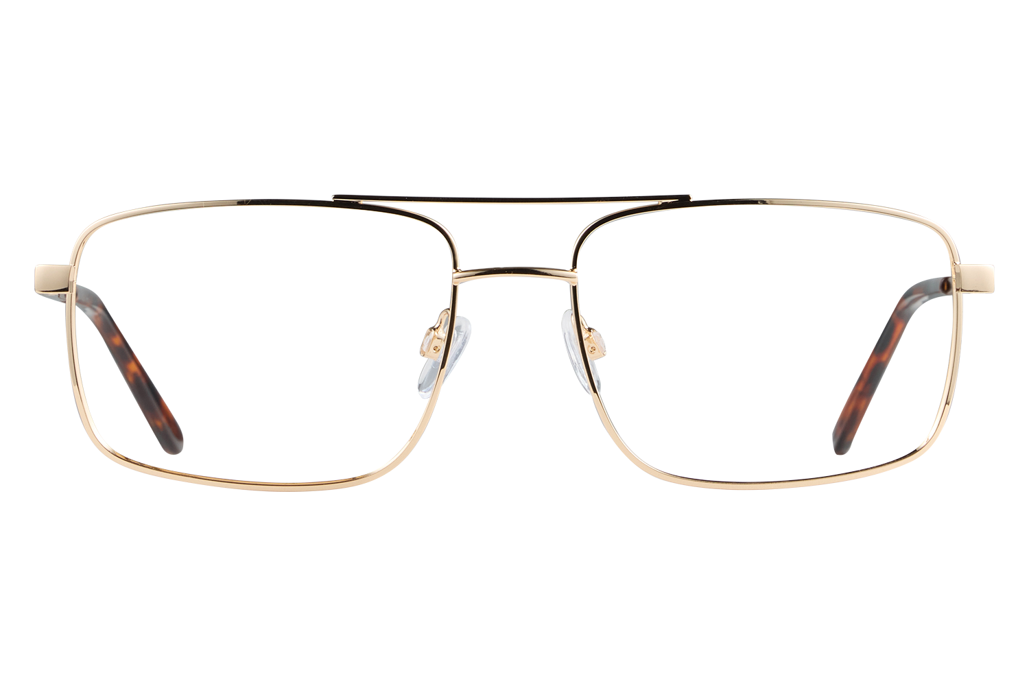 Gold metal rectangular eyeglasses with nose pads lying on a gray background.