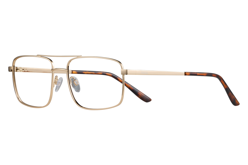 Gold metal eyeglasses with tortoiseshell temples laid on a gray surface.