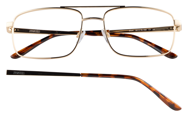 Gold-framed prescription glasses with tortoiseshell temples shown from front and side view.