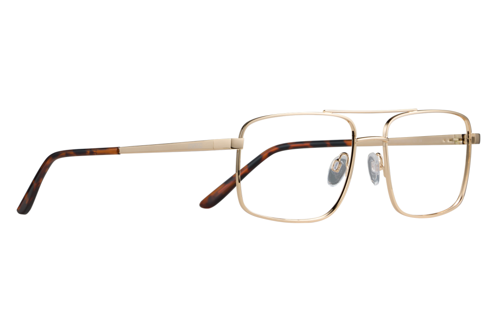 Gold metal rectangular eyeglass frame with tortoiseshell temples on a gray backdrop, laid flat.