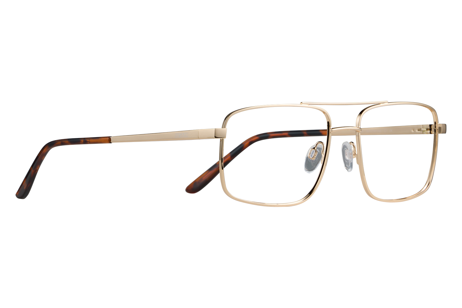 Gold metal rectangular eyeglass frame with tortoiseshell temples on a gray backdrop, laid flat.
