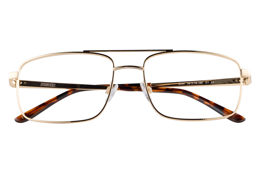 Gold-rimmed eyeglasses with tortoise temples resting on a clear stand; visible 'JUSTIN' on the temple's arm.