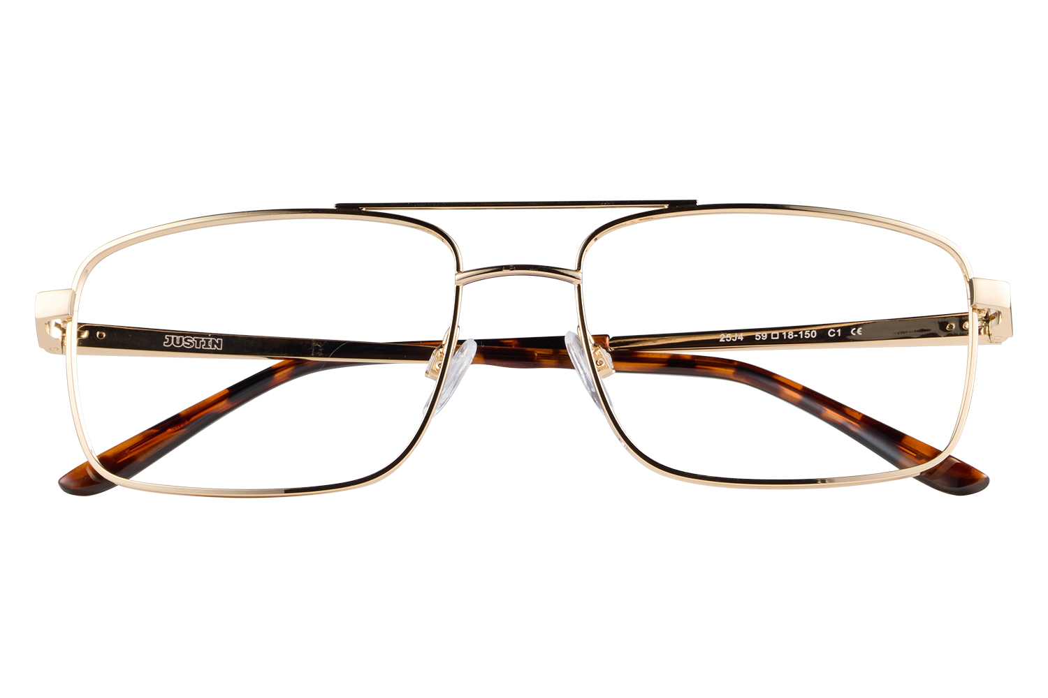 Gold-rimmed eyeglasses with tortoise temples resting on a clear stand; visible 'JUSTIN' on the temple's arm.