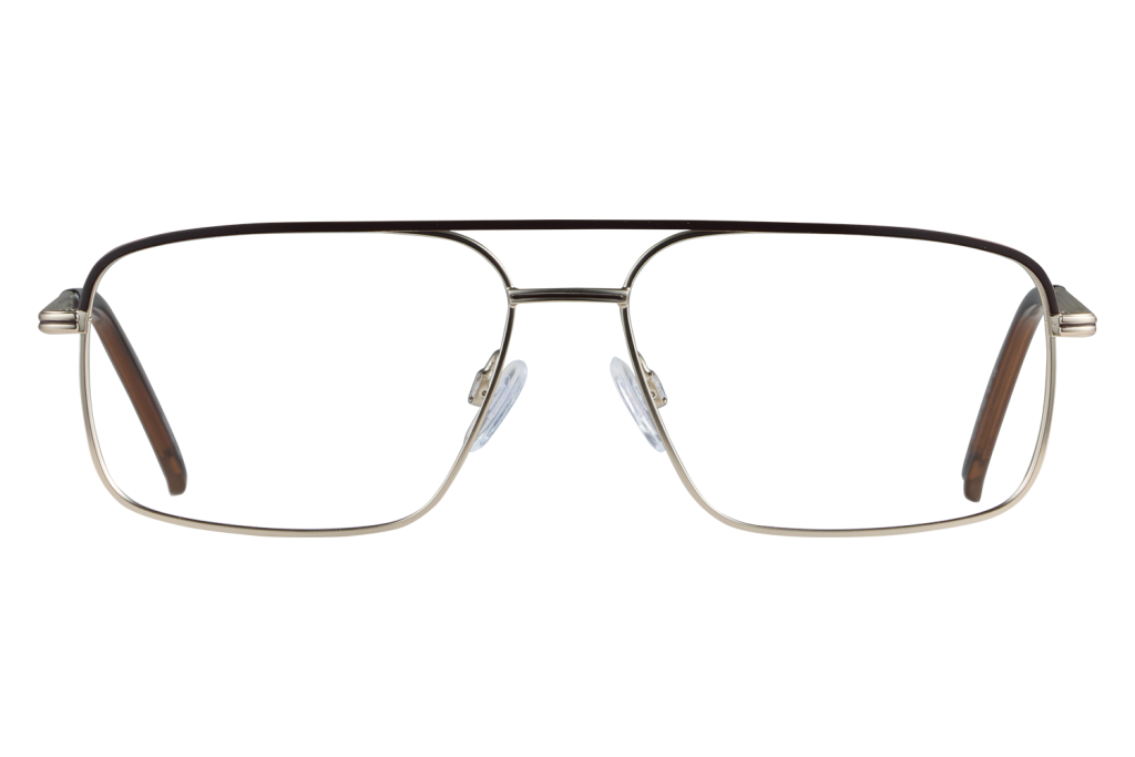 Close-up of metal aviator-style eyeglasses with clear lenses and nose pads, viewed head-on.