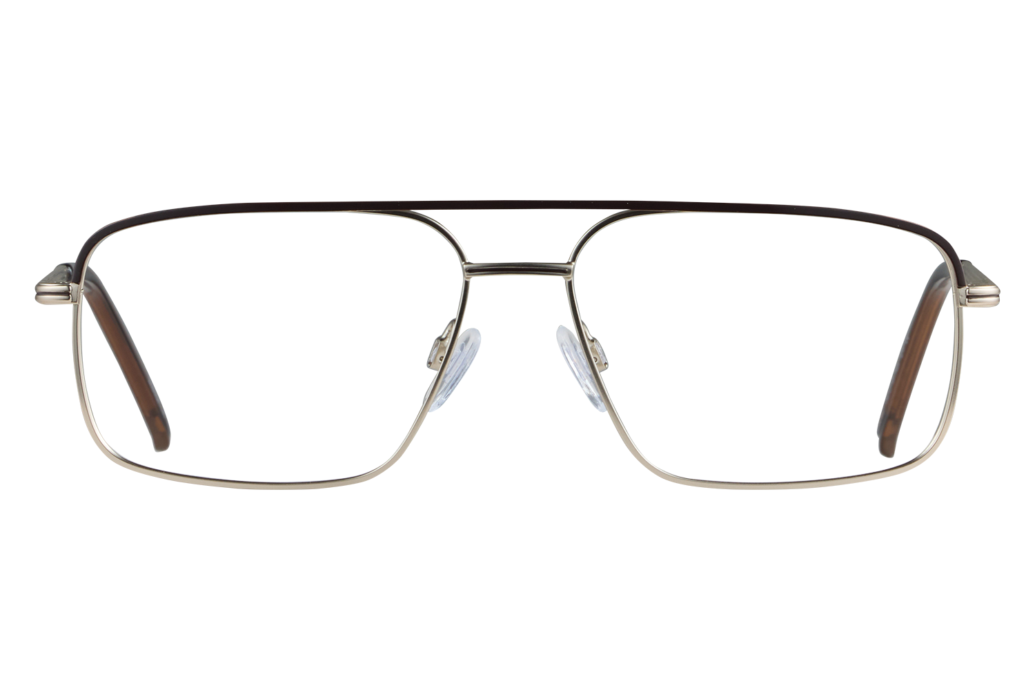 Close-up of metal aviator-style eyeglasses with clear lenses and nose pads, viewed head-on.