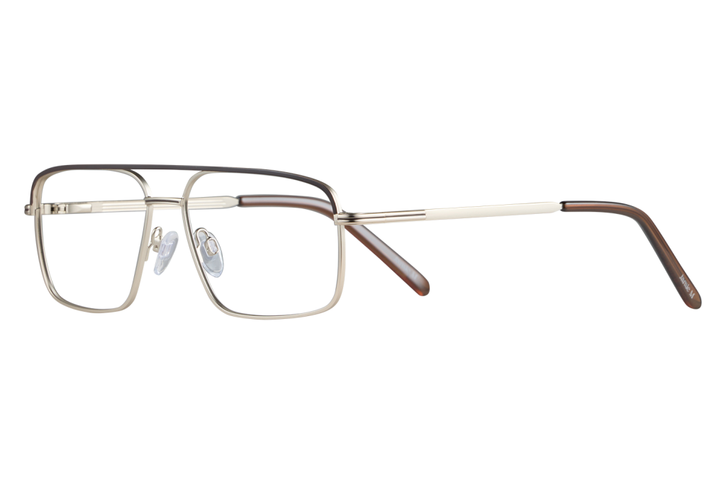 Close-up of metal rectangular eyeglasses with clear nose pads on a gray background.