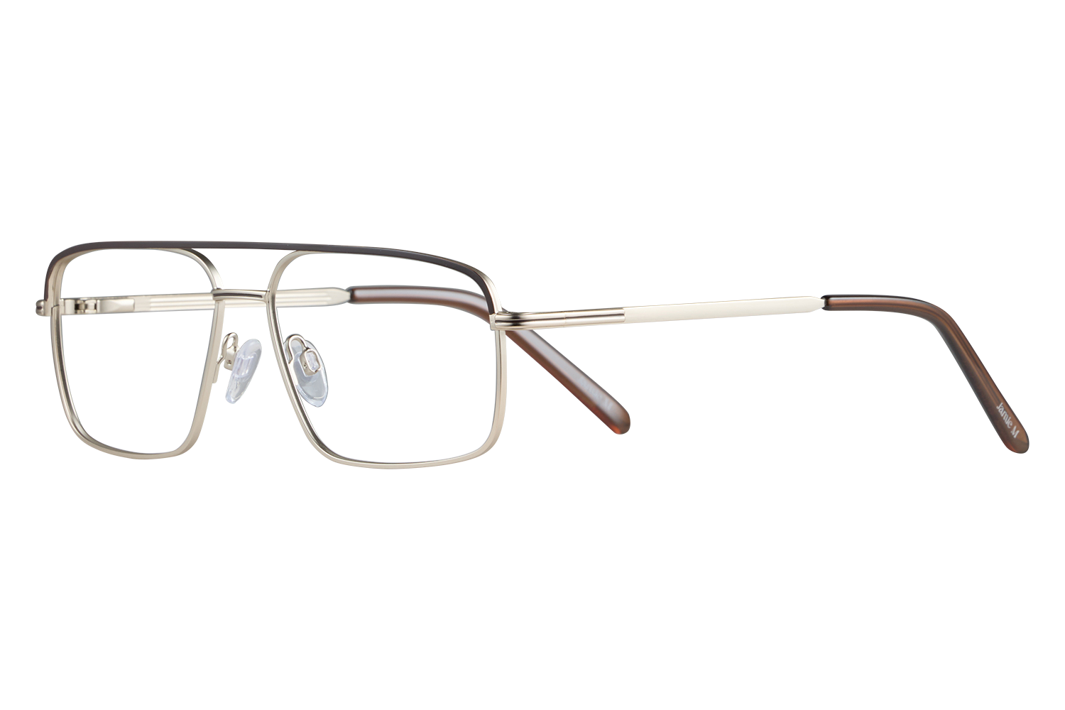 Close-up of metal rectangular eyeglasses with clear nose pads on a gray background.
