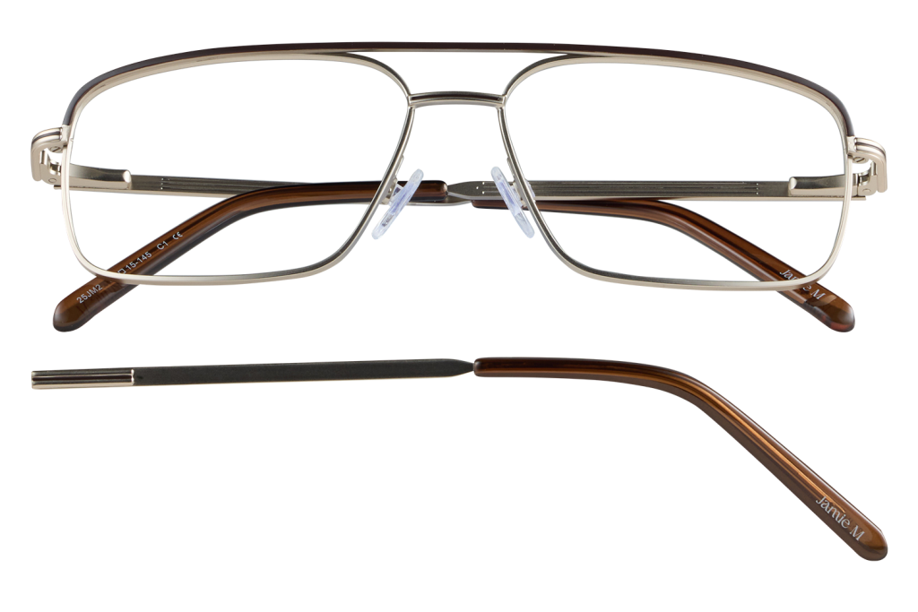 Metal-framed eyeglasses with brown temple arms, front view and separate temple piece shown next to them