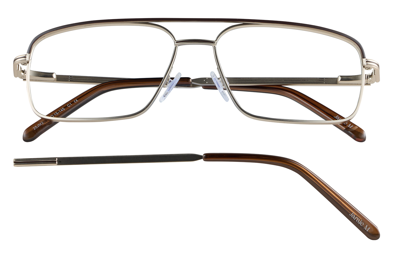 Metal-framed eyeglasses with brown temple arms, front view and separate temple piece shown next to them