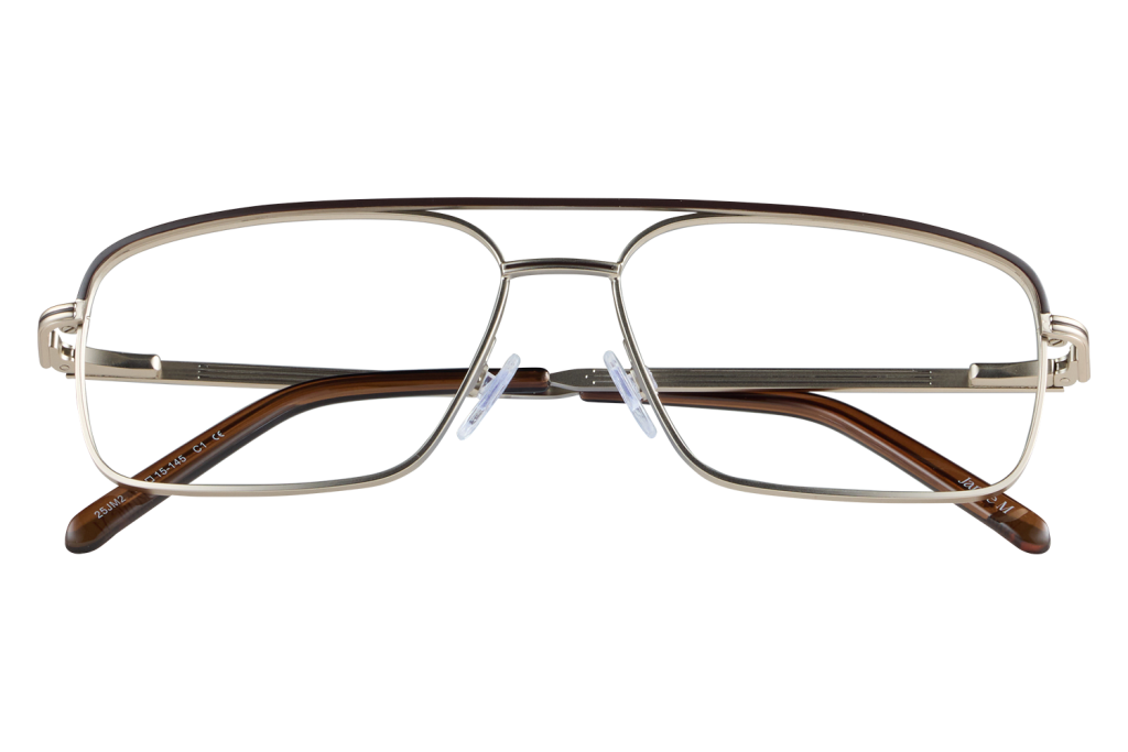 Metal rectangular eyeglasses with brown temples resting on a clear display nose pads visible on a gray background