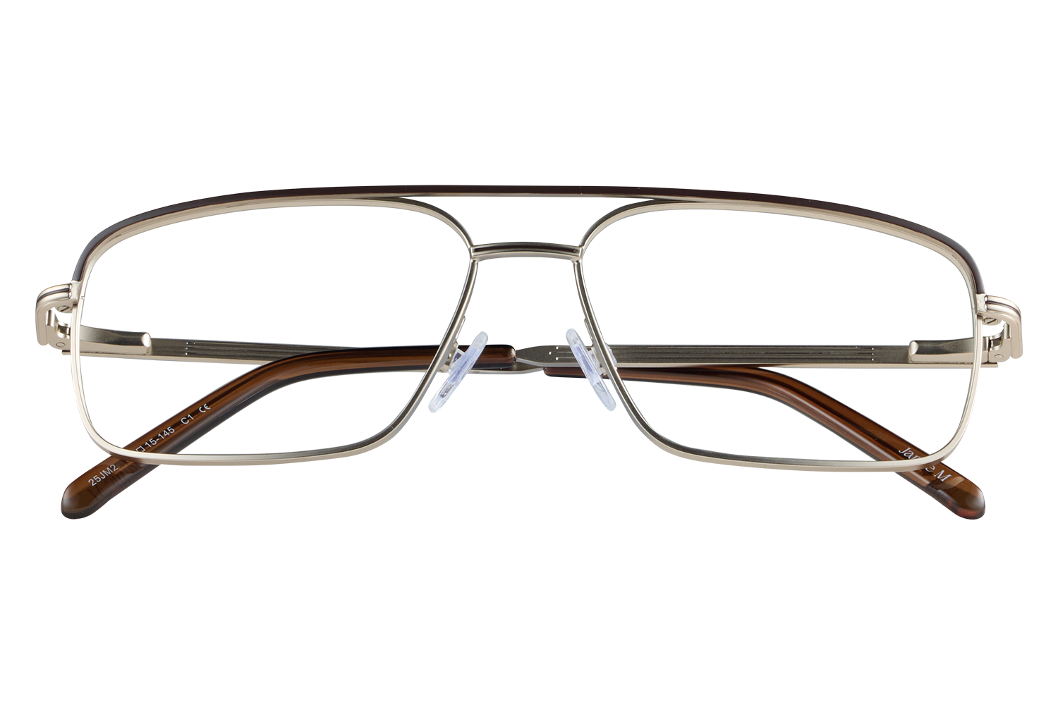 Metal rectangular eyeglasses with brown temples resting on a clear display nose pads visible on a gray background