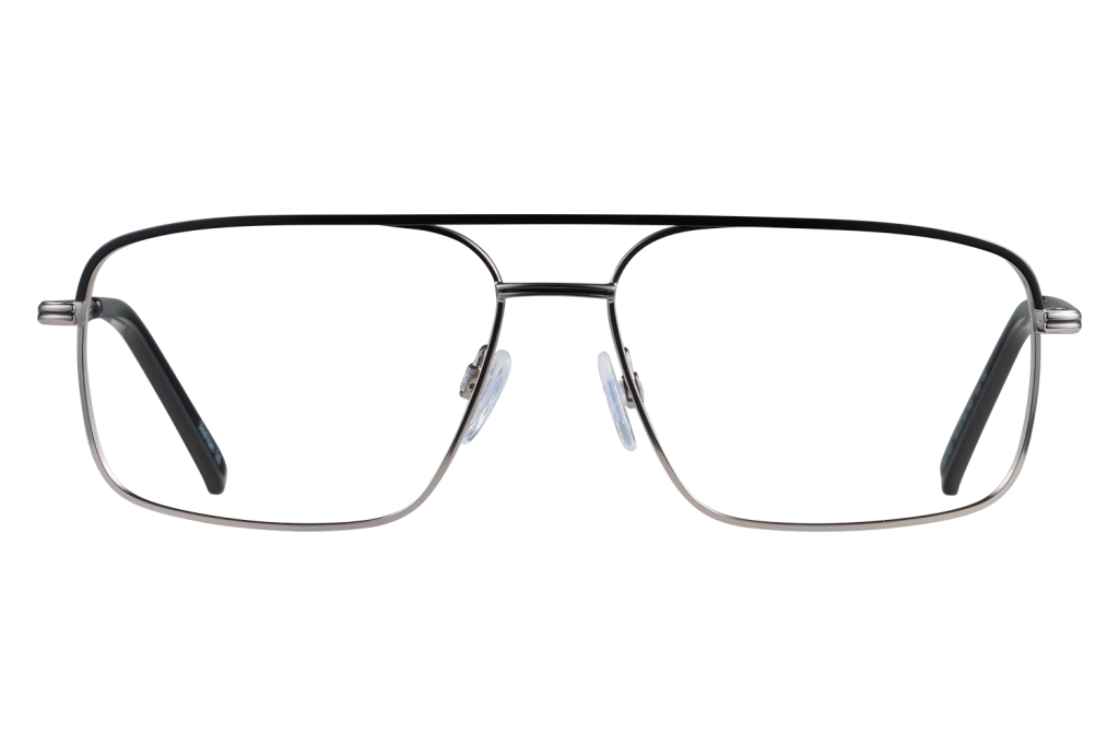 Close-up of metal-framed eyeglasses with clear lenses facing the viewer on a gray background.