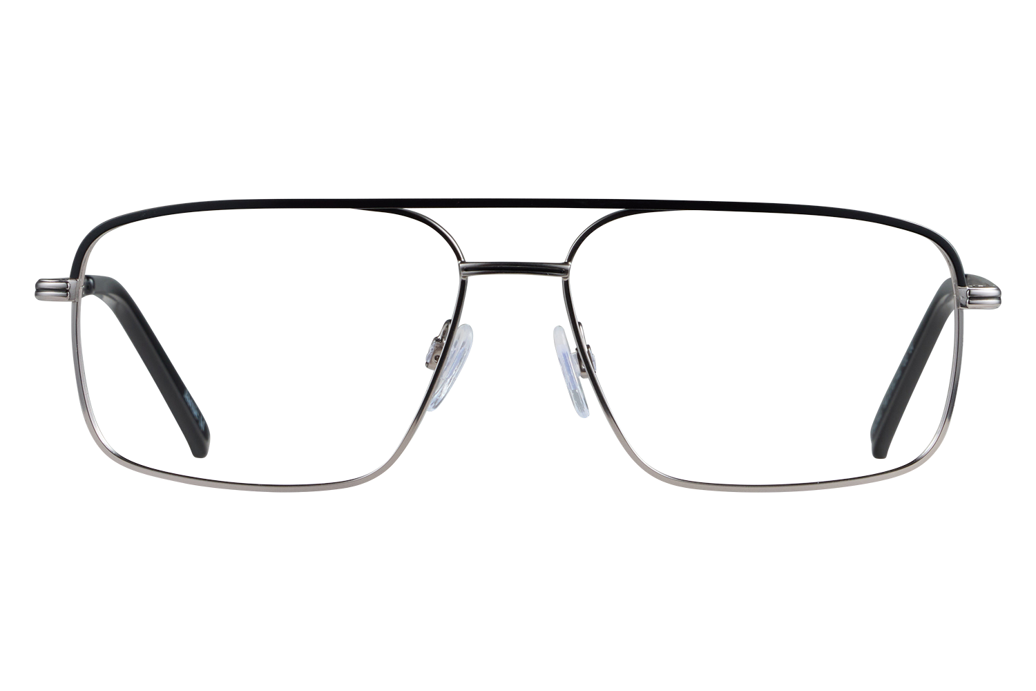 Close-up of metal-framed eyeglasses with clear lenses facing the viewer on a gray background.