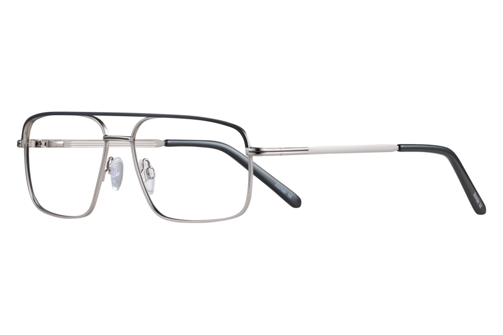 Metal rectangular eyeglasses with a silver frame and white arms resting on a gray background (product photo).
