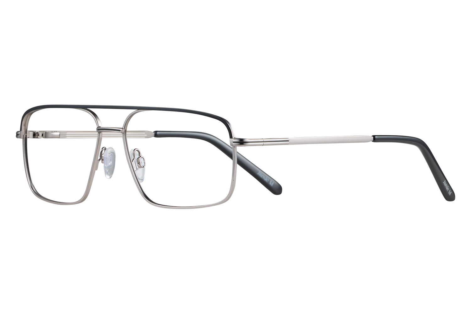 Metal rectangular eyeglasses with a silver frame and white arms resting on a gray background (product photo).